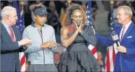  ?? AFP ?? Serena cried during presentati­on, but recovered to graciously congratula­te winner Naomi Osaka.