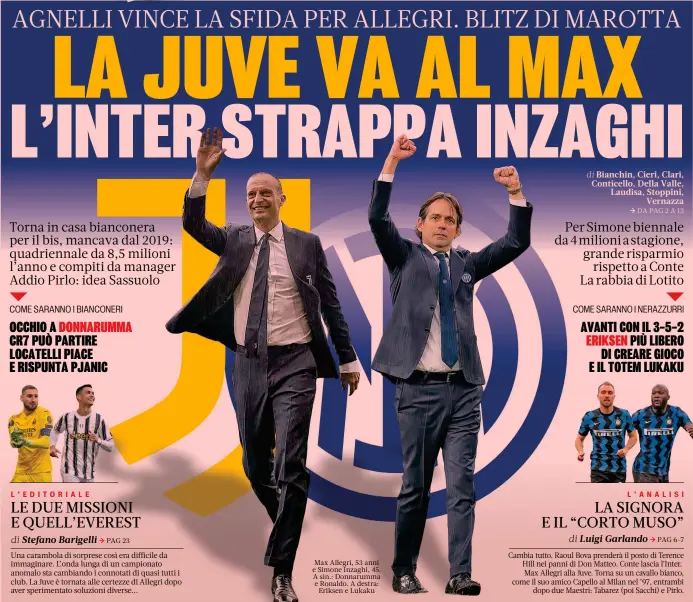  ??  ?? Max Allegri, 53 anni e Simone Inzaghi, 45. A sin.: Donnarumma e Ronaldo. A destra: Eriksen e Lukaku