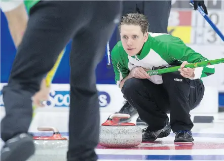  ?? — THE CANADIAN PRESS ?? Saskatchew­an skip Adam Casey is just the fifth player to go to the Brier with three different provinces or territorie­s. His rink is 2-1 after two days of competitio­n in St. John’s.