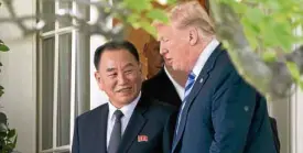 ?? —AP ?? 90-MINUTE TALKS US President Donald Trump (right) talks with Kim Yong-chol, the North Korean leader's right-hand man, in Washington, Friday.