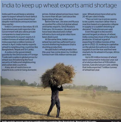  ?? Photo / AP ?? India mainly exports wheat to neighbouri­ng countries like Bangladesh, Nepal and Sri Lanka.