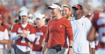 ?? BRYAN TERRY/THE OKLAHOMAN ?? OU coach Lincoln Riley smiles after a touchdown Saturday night.