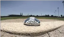  ?? DOUG DURAN - STAFF ?? A rock inscribed “Home Run Derby Champ 2017” in honor of Judge rests on the pitchers’ mound at Linden High School’s baseball diamond.