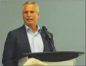  ??  ?? Former NHL and WHL coach Willie Desjardins talks about the value of having a sports academy in a school system. In addition to improving athletic ability, it can help build leadership skills and assist in personal growth for the students.