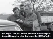  ??  ?? Jim, Roger Clark, Bill Meade and Brian Melia compare times at Bagshot on a test day before the 1966 RAC rally.