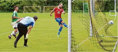  ?? Foto: Thorsten Jordan ?? Drin ist er: Marius Klein (rotes Trikot) machte mit dem 3:0 den Sack zu: Kinsau darf durch diesen Sieg gegen Scheuring wieder auf den direkten Klassenerh­alt hoffen.