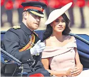  ??  ?? Style queens: the Duchess of Sussex at Trooping the Colour, above, and confident in trousers, left; a colourful Duchess of Cambridge, below, and in summer dress, above