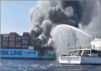  ??  ?? TRAGIC: A serious fire broke out in the huge containers­hip Maersk Honam in the Arabian Sea. Three crew members died and two men, including a South African, are missing.