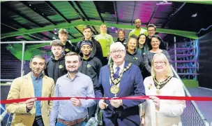  ??  ?? ●●Imran Matadar, general manager, with Coun Danny Meredith, Mayor Coun Ian Duckworth, Mayoress Christine Duckworth and the Flip Out team