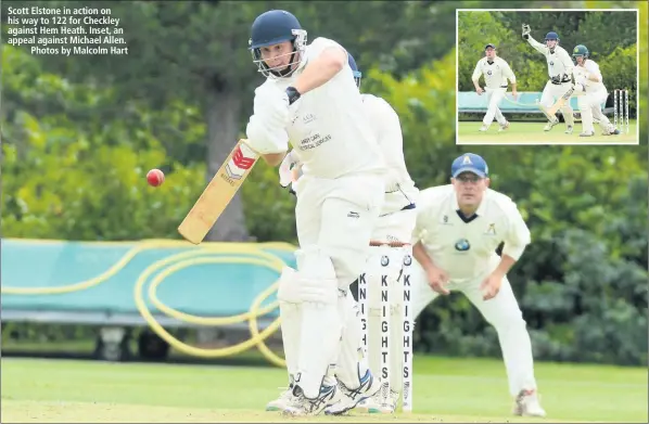  ??  ?? Scott Elstone in action on his way to 122 for Checkley against Hem Heath. Inset, an appeal against Michael Allen.Photos by Malcolm Hart