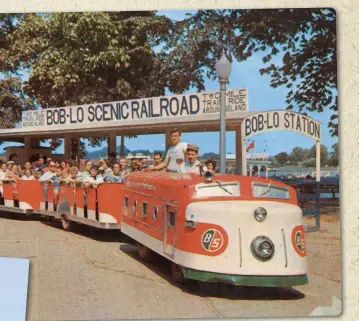  ??  ?? Above: This postcard from 1960 featuring the Bob-lo Scenic Railroad boasted “An enjoyable two-mile train ride, for young and old, to explore Bob-lo Island’s beauty.” Left: A recent pic of Donald at the ferry landing in Amherstbur­g, Ont.