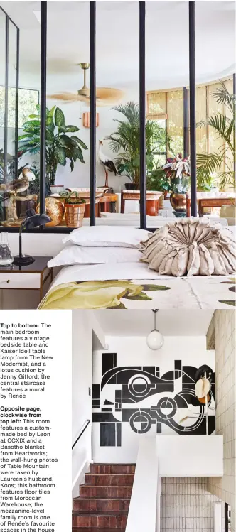  ??  ?? Top to bottom: The main bedroom features a vintage bedside table and Kaiser Idell table lamp from The New Modernist, and a lotus cushion by Jenny Gifford; the central staircase features a mural by Renée
Opposite page, clockwise from top left: