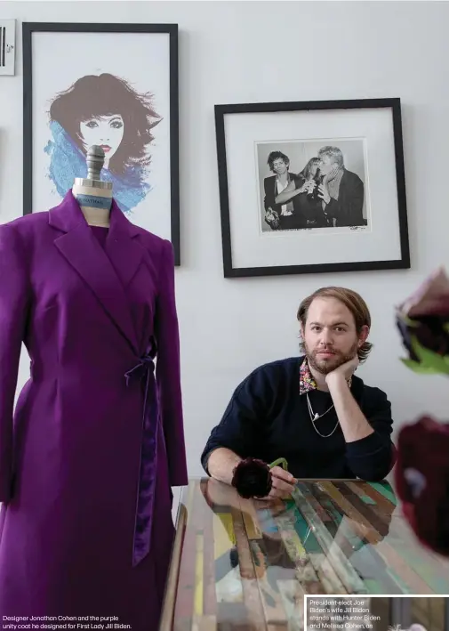  ??  ?? Designer Jonathan Cohen and the purple unity coat he designed for First Lady Jill Biden.