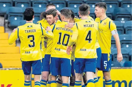  ??  ?? St Johnstone’s Murray Davidson celebrates his goal with teammates