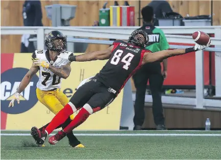  ?? -TONY CALDWELL ?? Veteran wide receiver Tori Gurley stretches out to catch a pass during exhibition action. Gurley was one of 25 players released by the Redblacks on Sunday as they pared down the roster heading into the regular season, which begins Friday against...