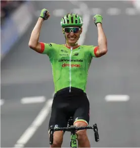  ??  ?? Pierre Rolland celebratin­g yesterday’s stage victory