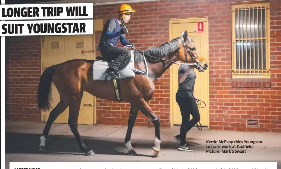 ??  ?? Kerrin McEvoy rides Youngstar to track work at Caulfield. Picture: Mark Stewart