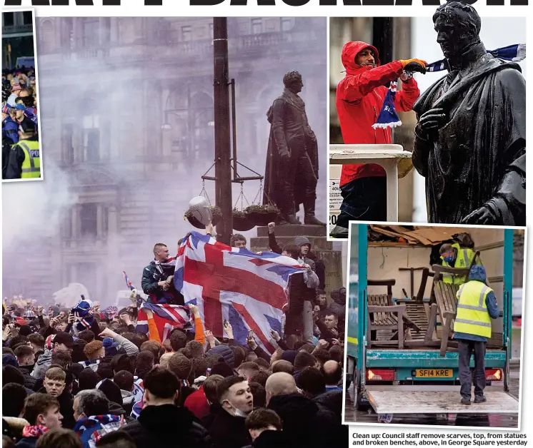  ??  ?? Clean up: Council staff remove scarves, top, from statues and broken benches, above, in George Square yesterday