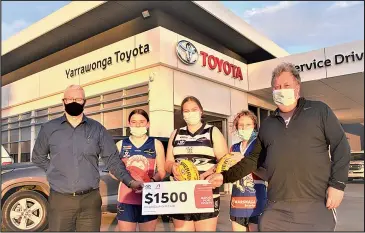  ??  ?? Yarrawonga Toyota Dealer Principal Steven Zandt presents United Women’s Football Coach Jim Gillies with the $1,500 AmpolCash Gift Card from Toyota with United players; Under 17s Mia Spiteri, Open Women’s Annie Robilliard and Under 14s Hannah Loughnan.