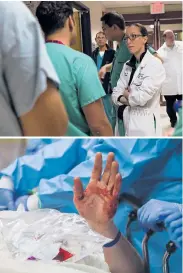  ??  ?? TOP: Attending trauma surgeon Dr. Ellen Omi discusses a patient with medical resident Gabriel Estremera. According to Dr. James Doherty, medical director of trauma services at Christ Medical Center, their ER department sees more than 100,000 emergency patients each year, 3,500 of whom are trauma victims. ABOVE: A patient with a stab wound to his neck gestures with his hand as he explains to surgeons what happened.