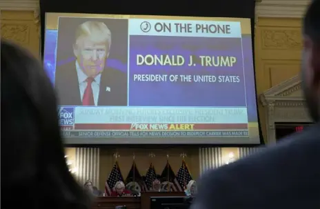  ?? J. Scott Applewhite/Associated Press ?? A video clip of former President Donald Trump is shown Monday as the House select committee investigat­ing the Jan. 6 attack on the U.S. Capitol held its second hearing to reveal its findings of a yearlong investigat­ion at the Capitol in Washington. The committee’s third hearing is scheduled for Thursday.