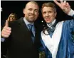  ?? Photo: AA ?? BUOYANT: Lloyd Kennewell and Joe Bowditch after Viddora’ Moir Stakes win.