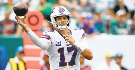  ?? APFILE PHOTO ?? Bill quarterbac­k Josh Allen ranks fifth this season with 3,403 passing yards, sixth with 26 touchdown passes and fourth with a 69.9 completion percentage. Allen is also a threat to run, with 23 rushing touchdowns in 40 career games.