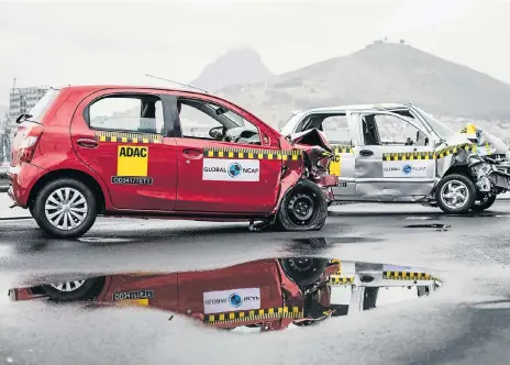  ??  ?? The Toyota Etios achieved five stars for adult occupant protection in 2017 crash tests while the Chery QQ3 failed abysmally.