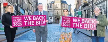  ?? ?? United Stirling-based businesses backing Stirling’s bid for UK City of Culture. Pictured (from left) in Stirling city centre are Amanda McLuskey Design and Concept Partner at Brooklyn Kitchens; Stirling Council Leader, Cllr Scott Farmer; Nicky O’Neill, Owner of Oscar’s Wine Bar; Barry McDonald, Head of Codebase, Stirling.