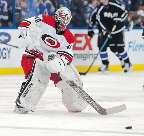  ?? — THE ASSOCIATED PRESS FILES ?? Hurricanes equipment manager Jorge Alves lived a hockey dream when he saw 7.6 seconds of action as an emergency goalie at the end of Carolina’s game against the Tampa Bay Lightning on Dec. 31.