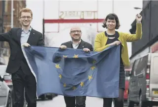  ??  ?? Scotland’s Green Party chose Brexit Day to launch their latest independen­ce campaign, with the party’s Ross Greer, Patrick Harvie and Cass Macgregor also flying the EU flag at the event at the Barras in Glasgow, left. Far left, Nicola Sturgeon updates supporters on her indyref2 plans at Dynamic Earth in Edinburgh