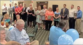  ??  ?? Plaques were awarded to winners in numerous categories at the Catoosa County Public School Partnershi­p Program luncheon on May 10. (Catoosa News photo/Tamara Wolk)