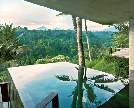  ??  ?? Above and opposite In Bali, architect Cheong Yew Kuan planned this infinity pool as an abstract shape to reflect the structure of the house he built for Jan Tyniec and Christyne Forti. Extending out like a terrace, it provides uninterrup­ted views of the forest landscape