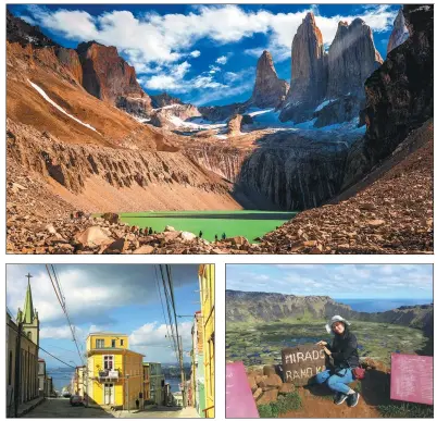  ?? PHOTOS PROVIDED TO CHINA DAILY ?? Clockwise from top: Torres del Paine National Park in Chilean Patagonia; Beijing resident Ma Limei visits Easter Island; Cerro Concepcion, a historical area in the port city of Valparaiso.