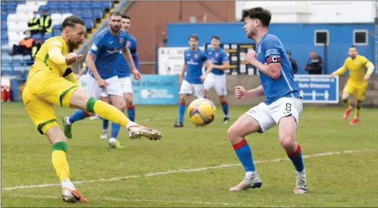  ??  ?? Hibs forward Martin Boyle puts the visitors three up at Stranraer with an emphatic half-volley, before going on to score a penalty