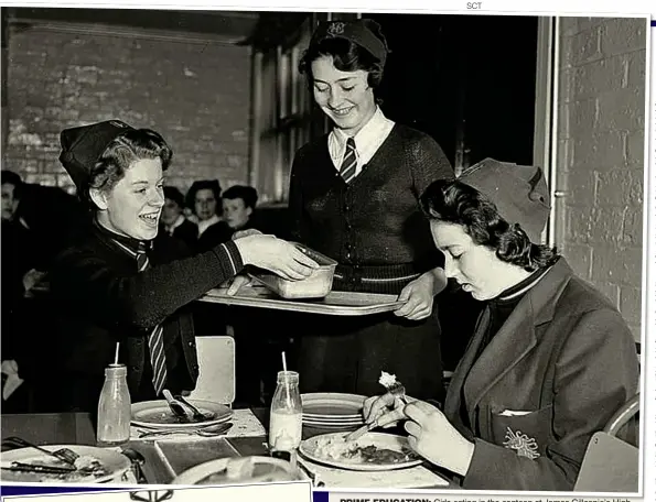  ?? ?? Prime education: Girls eating in the canteen at James Gillespie’s High School in Edinburgh, a ‘senior secondary’, in 1958; left, music pupils pose with instrument­s at ‘grant-aided’ Robert Gordon’s College in Aberdeen in the 1970s