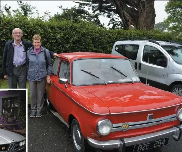  ?? All photos by Fergus Dennehy. ?? ABOVE: Jim and Anne O’Shea pictured arriving at the Ballymac Vintage Car and Honda 50 Run on Friday night. LEFT: Tony Hehir, Joan Glover and George Glover at at the vintage run in Ó Riada’s bar on Friday.