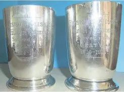  ??  ?? Silver tankards gifted to the widows, mothers or dependants of those from Prestbury killed in the First World War