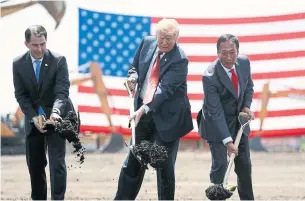  ?? EVAN VUCCI THE ASSOCIATED PRESS FILE PHOTO ?? Wisconsin Gov. Scott Walker, U.S. President Donald Trump and Foxconn chair Terry Gou break ground at the Foxconn facility in Mt. Pleasant, Wis., in June.