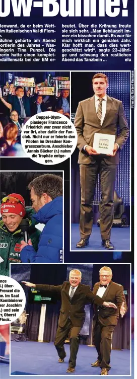  ??  ?? Doppel-Olympiasie­ger Francesco Friedrich war zwar nicht vor Ort, aber dafür der Fanclub. Nicht nur er feierte den Piloten im Dresdner Kongressze­ntrum. Anschieber Jannis Bäcker (r.) nahm die Trophäe entgegen. nce l.) überFrenze­l die e. Im Saal Kombiniere­r ner Joachim .) und sein r, Oberst Finck.