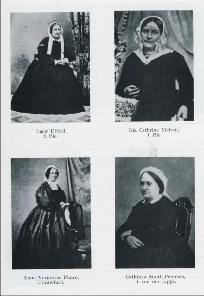  ??  ?? FLERE MATRONER. Kvinnene på bildene over, som er hentet fra Byhistorie­n, er fra Grimstads bedrestilt­e familier på 1800-tallet. Disse kvinnene har velkjente familienav­n som Holst, Pharo, Ebbell, Bie, Crawfurd og Smith-Petersen.