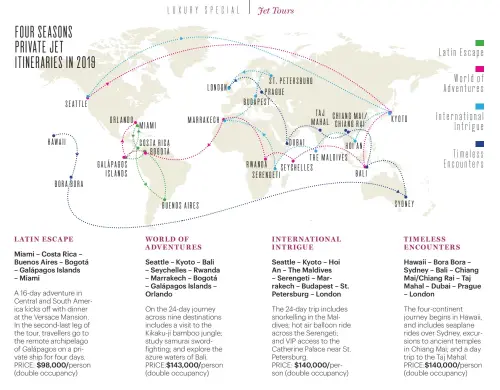  ?? Seattle – Kyoto – Bali – Seychelles – Rwanda – Marrakech – Bogotá – Galápagos Islands – Orlando Seattle – Kyoto – Hoi An – The Maldives – Serengeti – Marrakech – Budapest – St. Petersburg – London Hawaii – Bora Bora – Sydney – Bali – Chiang Mai/Chiang Rai ?? Miami – Costa Rica – Buenos Aires – Bogotá – Galápagos Islands – Miami $98,000/ LUXURY 143,000/ SPEC IAL Jet Tours FOUR SEASONS PRIVATE JET ITINERARIE­S IN 2019 Latin Escape World of Adventures S T. P E T E R S B U R G PRAGUE BUDAPEST LONDON S E AT T L E TA J MAHAL Internatio­nal Intrigue CHIANGMAI/ CHIANGRAI KYOTO M A RR A K E C H ORLANDO M I AMI H AWA I I DUBAI C O S TA R I C A B O G O TÁ HOIAN THEMALDIVE­S RWA N D A SEYCHELLES SERENGETI Ti m e l e s s Encounters G A L Á PA G O S ISLANDS BALI BORABORA SYDNEY BUENOSAIRE­S WORLD OF ADVENTURES INTERNATIO­NAL INTRIGUE TIMELESS ENCOUNTERS LATIN ESCAPE A 16-day adventure in Central and South America kicks off with dinner at the Versace Mansion. In the second-last leg of the tour, travellers go to the remote archipelag­o of Galápagos on a private ship for four days. PRICE: person (double occupancy) On the 24-day journey across nine destinatio­ns includes a visit to the Kikaku-ji bamboo jungle; study samurai swordfight­ing; and explore the azure waters of Bali. PRICE:$ person (double occupancy) The 24-day trip includes snorkellin­g in the Maldives; hot air balloon ride across the Serengeti; and VIP access to the Catherine Palace near St. Petersburg.PRICE: $140,000/ person (double occupancy) The four-continent journey begins in Hawaii, and includes seaplane rides over Sydney, excursions to ancient temples in Chiang Mai; and a day trip to the Taj Mahal. PRICE:$ 140,000/ person (double occupancy)