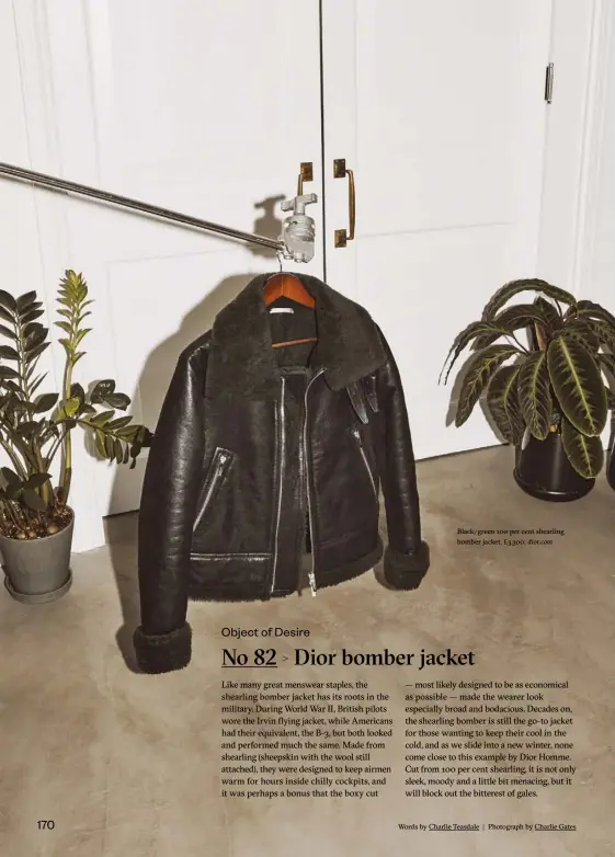  ??  ?? Black/green 100 per cent shearling bomber jacket, £3,300; dior.com