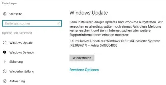  ??  ?? Fehlgeschl­agenes Update: Bei Problemen zeigt das automatisc­he Windows-Update meist eine Fehlernumm­er. Wirklich hilfreich ist das nicht, denn eine konkrete Ursache lässt sich darüber nur selten ermitteln.