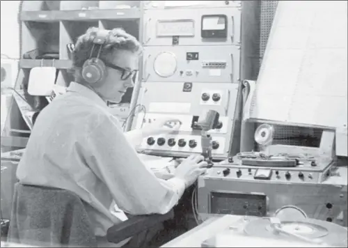  ??  ?? TUNES AHOY: Presenter Hal Yorke in the Radio 270 studio; inset left, Wilf Proudfoot, a Scarboroug­h supermarke­t owner and Tory politician, who acted as the station’s managing director.