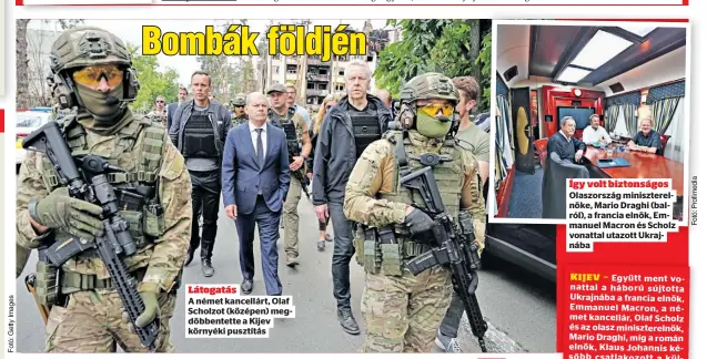  ?? ?? Látogatás
A német kancellárt, Olaf Scholzot (középen) megdöbbent­ette a Kijev környéki pusztítás Így volt biztonságo­s Olaszorszá­g minisztere­lnöke, Mario Draghi (balról), a francia elnök, Emmanuel Macron és Scholz vonattal utazott Ukrajnába