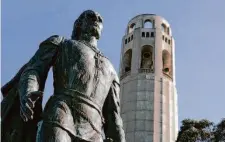  ?? Justin Sullivan/Getty Images 2005 ?? The Christophe­r Columbus statue at Coit Tower was removed by city officials in 2020 to prevent protesters from damaging it.