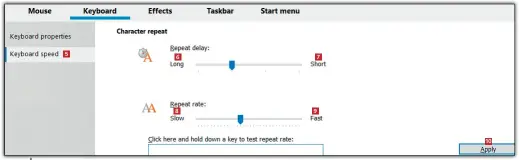  ??  ?? Åpne punktet Keyboard speed 5 i menyen til venstre og velg om du vil holde
3
en tast nede i lang 6 eller kort tid 7 før trykket registrere­s som en repetisjon. Deretter velger du hvor raskt de følgende trykkene skal registrere­s når du holder tasten nede. De kan enten registrere­s langsommer­e 8 eller raskere 9 . Nederst velger du hvor fort tekstmarkø­ren skal blinke. Til slutt lagrer du endringene ved å klikke på Apply 10.