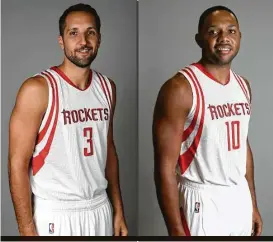  ?? David J. Phillip photos / Associated Press ?? The Rockets hope former Pelicans teammates forward Ryan Anderson, left, and guard Eric Gordon can bring some instant offense to complement the skills of veteran guard James Harden. Both are accomplish­ed pereimeter shooters, with Gordon being especially...