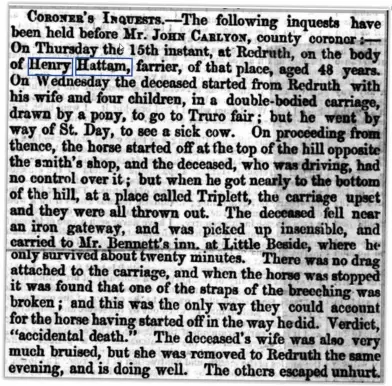  ?? ?? This account of Henry’s accident was published in the
Launceston Weekly News, and Cornwall & Devon Advertiser